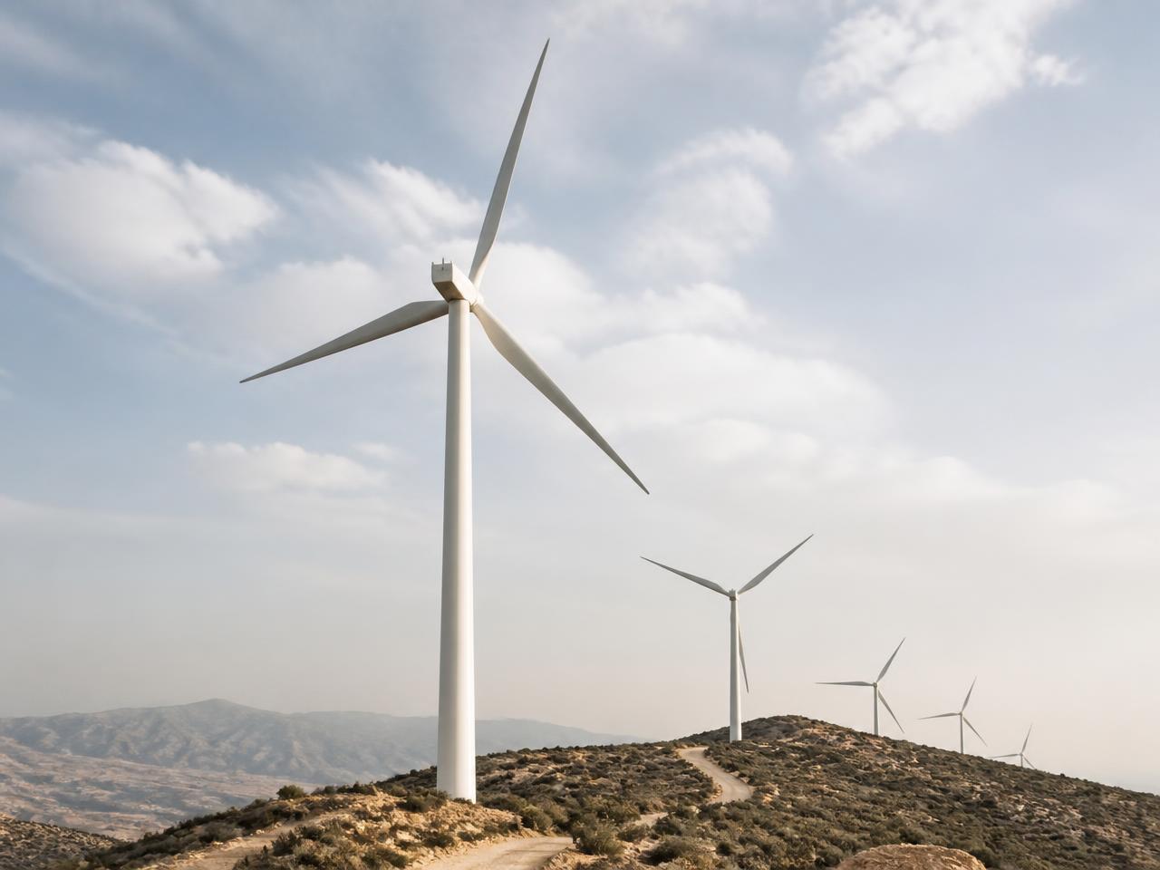 Ψηλές ανεμογεννήτριες σε ξηρή κορυφογραμμή κάτω από απαλό ουρανό